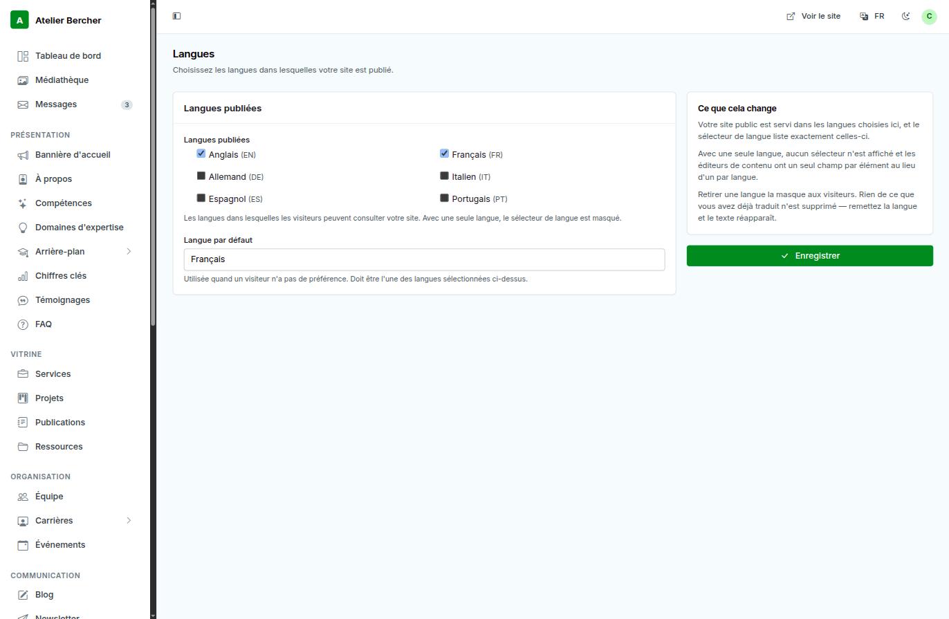 The Languages screen: six checkboxes and a default language.